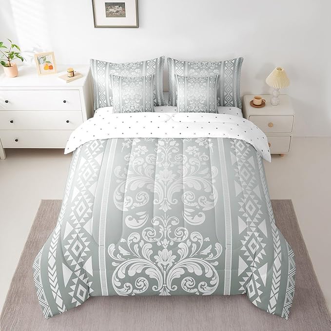 Comforter Set Twin Size, Silver White Aztec Damask 7 Pcs Bedding for Kids and Adults, Western Goth Floral Victorian Bed Sheet Sets with Fitted Sheet 2 Pillowcases & 2 Shams for Bedroom Bed Decor