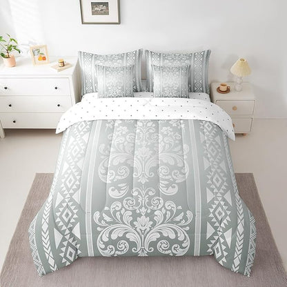 Comforter Set Full Size, Silver White Aztec Damask 7 Pcs Bedding for Kids Adults, Victorian Decor Western Baroque Goth Bed Sheet Sets with Fitted Sheet 2 Pillowcases & 2 Shams for Bedroom Bed Decor
