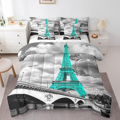 Feelyou Girls Eiffel Tower Comforter Set King Size 7 Pcs Paris Theme Comforter Bed in a Bag Teal Gray Eiffel Tower Bedding Set for Women Teens Romantic Bed Set with Sheets, Pillowcases, Pillow Covers