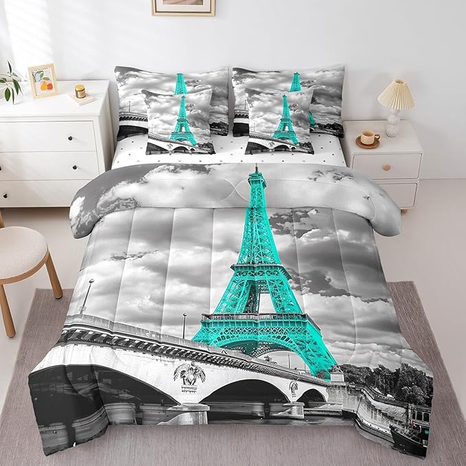 Feelyou Girls Eiffel Tower Comforter Set Full Size 7 Pcs Paris Theme Comforter Bed in a Bag Teal Gray Eiffel Tower Bedding Set for Women Teens Romantic Bed Set with Sheets, Pillowcases, Pillow Covers