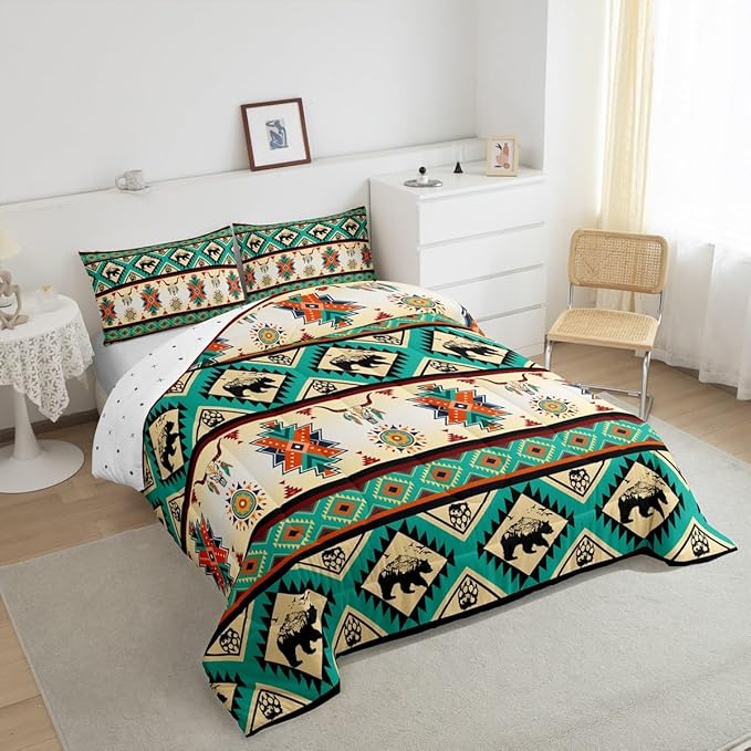Erosebridal Black Bear Bedding Sets Exotic Bull Skull Western Comforter Set King,Ethnic Tribe Arrow Aztec Quilt Tribal Geometric Diamond Duvet Insert,Woodland Animals Boho Western Decor,Green