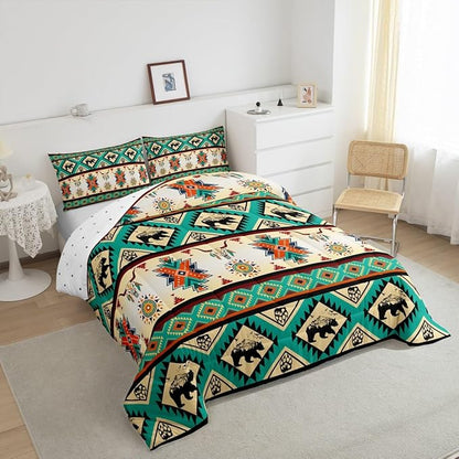 Erosebridal Black Bear Bedding Sets Exotic Bull Skull Western Comforter Set Twin,Ethnic Tribe Arrow Aztec Quilt Indian Tribal Geometric Diamond Triangle Duvet Insert,Bohemian Western Decor,Green