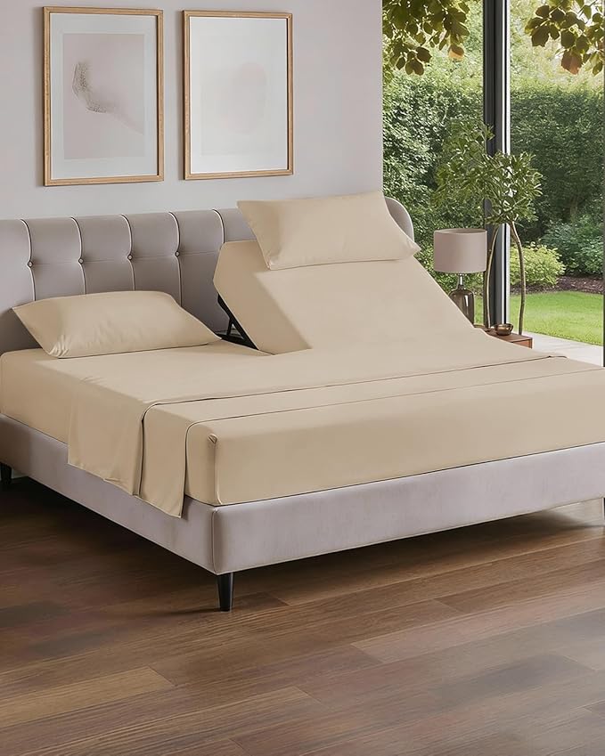 Flex Top Split Head King 4 Piece Sheet Set - Comfy Breathable & Cooling Bed Sheets Set - Hotel Luxury Bedding for Women, Men, Kids, Teens, Boys & Girls - Deep Pockets, Ultra-Soft - Oeko-Tex - Cream