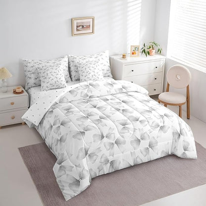 Feelyou Grey Bow Comforter Set with Sheets King Size Kids Bowknot 7 Pieces Bedding Set for Boys Girls Teens Gift for Girls Women Bed in a Bag Breathable Princess Décor Bed Set