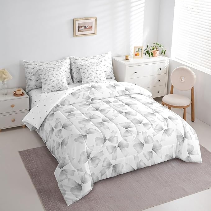 Feelyou Grey Bow Comforter Set with Sheets Queen Size Kids Bowknot 7 Pieces Bedding Set for Boys Girls Teens Gift for Girls Women Bed in a Bag Breathable Princess Décor Bed Set