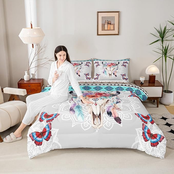 Bull Skull Comforter Set Twin Size,Western Tribal Dream Catcher Feather Butterfly Bedding Set,Mandala Floral Quilt Set for Kids Girls Boys Room Decor,Vintage Boho Duvet Insert,1 Pillowcase