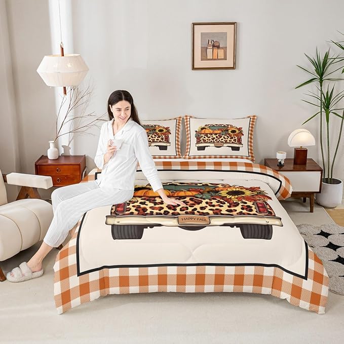 Fall Pumpkin Truck Comforter Set Twin Orange Rustic Farmhouse Buffalo Plaid Bedding Set Thanksgiving Harvest Season Comforter,Autumn Sunflower Maple Leaves Decorations For Home 1 Pillow Case