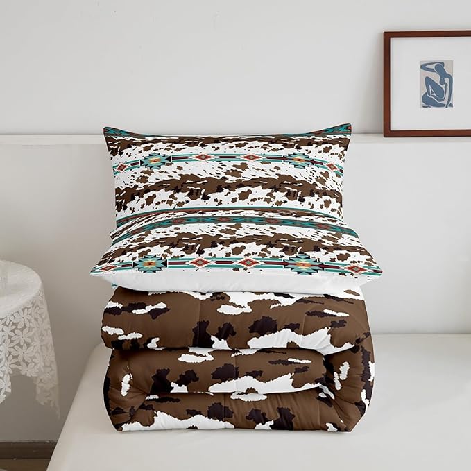 Feelyou Green Southwestern Bedding Set Toddler Size Cow Print Comforter Set Geometric Tribal Native American Indian Design Comforter Decor Exotic Style Stripe Line Duvet Set