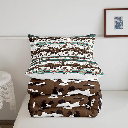 Feelyou Green Southwestern Bedding Set Toddler Size Cow Print Comforter Set Geometric Tribal Native American Indian Design Comforter Decor Exotic Style Stripe Line Duvet Set