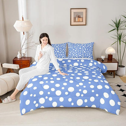 Manfei White Polka Dots Kids Comforter Set,French Style Cute Dots Print Bedding Set All Season,Blue White Simple Geometric Circles Comforter 2 Pcs with 1 Pillowcase,Twin Size