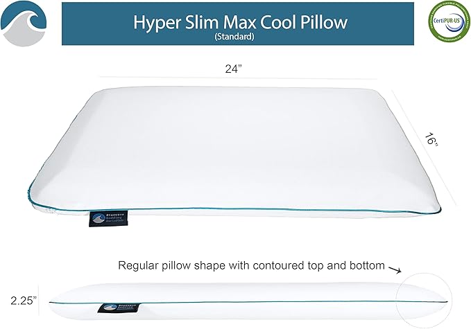 Bluewave Bedding Hyper Slim Max Cool CarbonBlue Gel Memory Foam Pillow for Stomach and Back Sleepers - Thin, Flat Design with Advanced Cooling (2.25-Inch Height, Standard Size)
