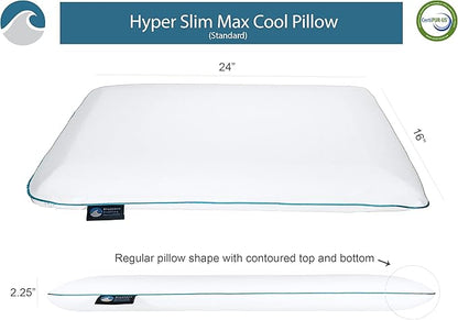 Bluewave Bedding Hyper Slim Max Cool CarbonBlue Gel Memory Foam Pillow for Stomach and Back Sleepers - Thin, Flat Design with Advanced Cooling (2.25-Inch Height, Standard Size)