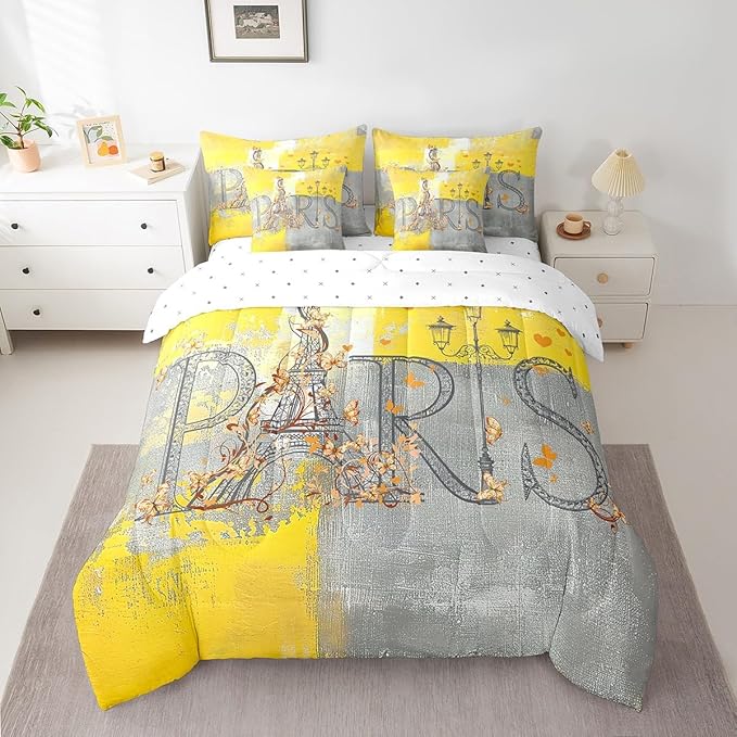 Erosebridal Paris Print Bedding Comforter Sets 7 Pieces Yellow Grey Bedding Set, Abstract Full Size Comforter Set (1 Comforter, 1 Fitted Sheet, 1 Flag Sheet, 2 Pillowcases, 2 Throw Pillow Covers)
