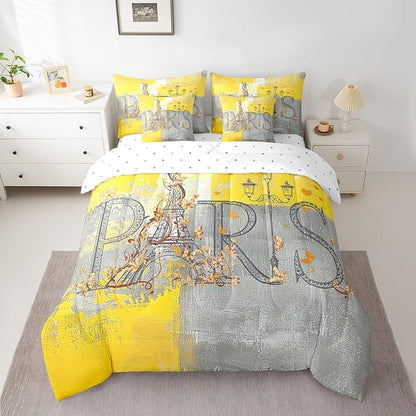 Erosebridal Paris Print Bedding Comforter Sets 7 Pieces Yellow Grey Bedding Set, Abstract Full Size Comforter Set (1 Comforter, 1 Fitted Sheet, 1 Flag Sheet, 2 Pillowcases, 2 Throw Pillow Covers)