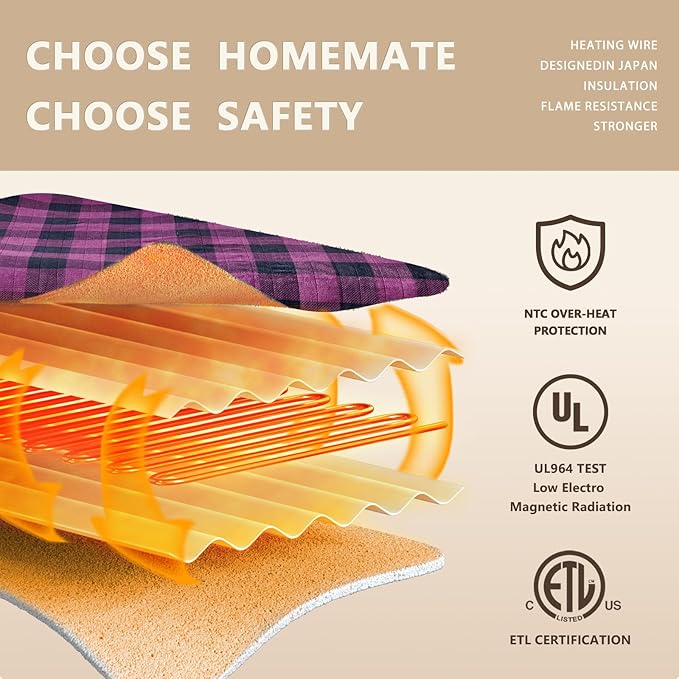 Homemate Electric Blanket Heated Twin Size - 62“x84“ Ultra Soft Cozy Flannel Heating Blanket with 10 Fast Heat Levels 8 Hours Auto Off Over-Heated Protection ETL Certification Keep Warm in Home