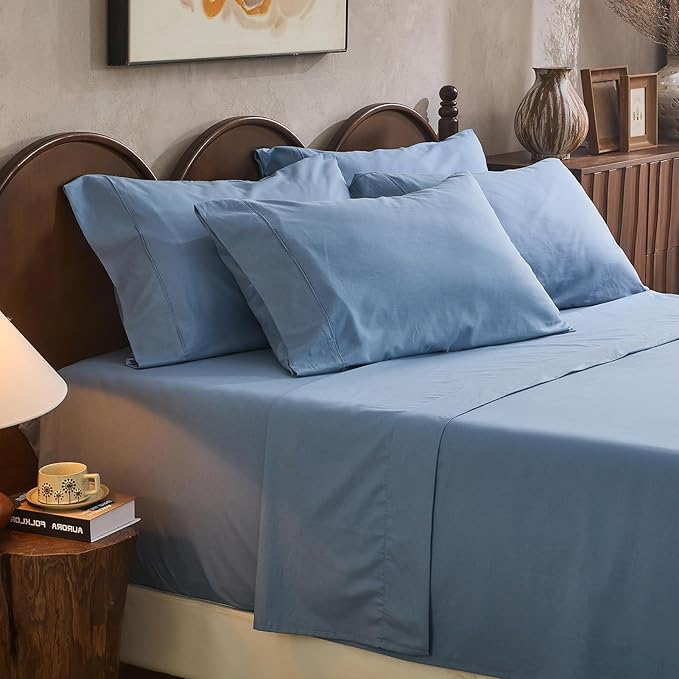 100% Linen Sheet Set King Size Extra Deep Pocket Fits 18-24 Inch Mattress, Breathable & Soft, Smooth 6-Piece Set for Thick Mattresses Hotel Luxury Bedding（King, Dusty Blue）