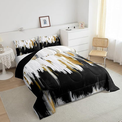 Erosebridal Black Gray Comforter Set Queen Abstract Watercolor Bedding Set, Gradient Stripe Down Comforter Chic Vintage Aesthetic Bed Set, Graffiti Oil Painting Modern Quilted Duvet for Kids Teens