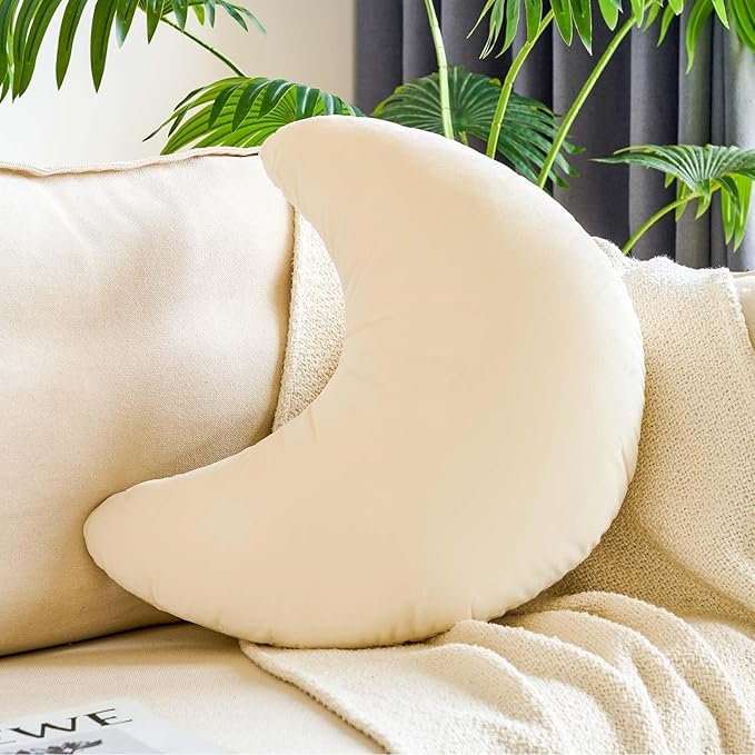 Beige Moon Pillow, 19.6" Cute Soft Velvet Half Moon Shape Plush Decorative Throw Pillows Cushions Room Decor for Couch Bedroom Living Room