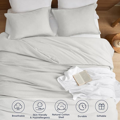 PHF Cotton Muslin Comforter Set Queen Size, Ultra Soft, Breathable & Lightweight All-Season Bedding, Filling: 100% Polyester, 3 Pieces with 1 Comforter 90"x90" and 2 Pillow Shams 20"x26", Light Grey