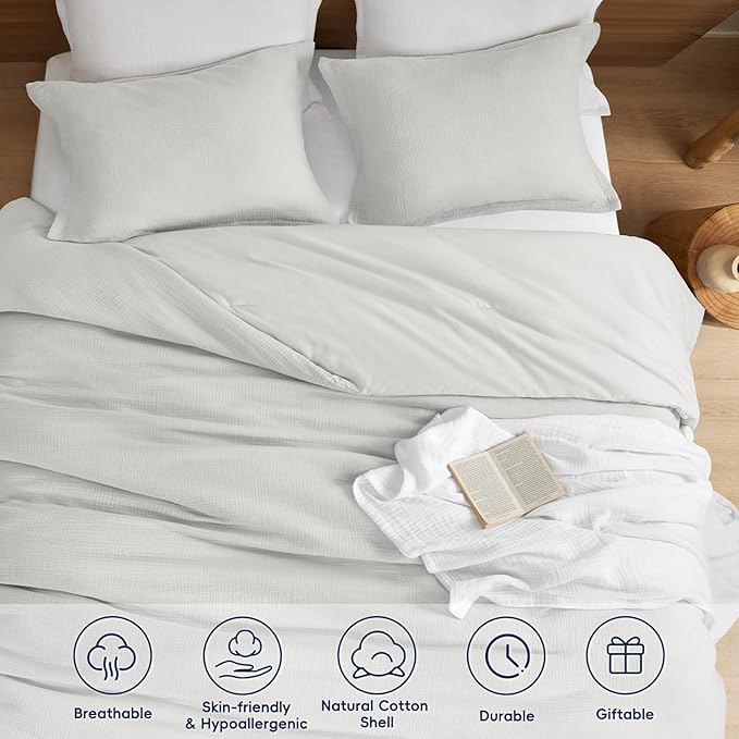 PHF Cotton Muslin Comforter Set King Size, Ultra Soft, Breathable & Lightweight All-Season Bedding, Filling: 100% Polyester, 3 Pieces with 1 Comforter 104"x90" and 2 Pillow Shams 20"x36", Light Grey