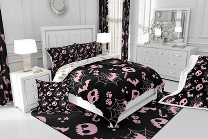 Erosebridal Cute Pink Halloween Bedding Set Full Size Spider Web Skull Bat Comforter Set Spooky Goth Gothic Animal Bed Sets Horror Halloween Duvet Quilt Sets for Kids Teens Adults