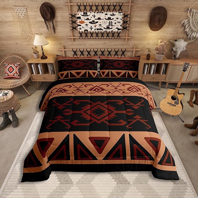 Erosebridal Boys Twin Rustic Western Comforter Set, Southwestern Aztec Bedding Set for Teens Men Bedroom, Exotic American Native Quilt Vintage Bohemian Geometric Bedding Comforter Sets,Brown Black