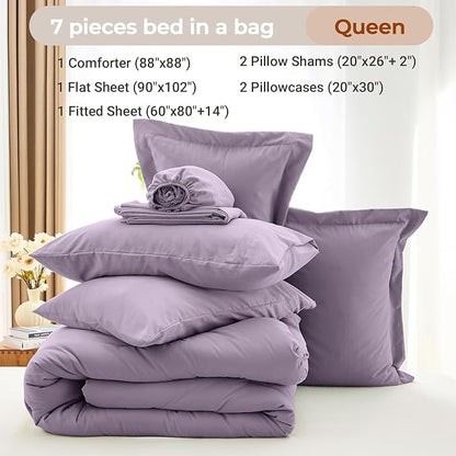 MUXHOMO 7 Pieces Queen Comforter Set, Soft Bed in a Bag Queen Size, All Season Bedding Set with Comforter, Flat Sheet, Fitted Sheet, Pillowcases & Shams, Greyish Purple