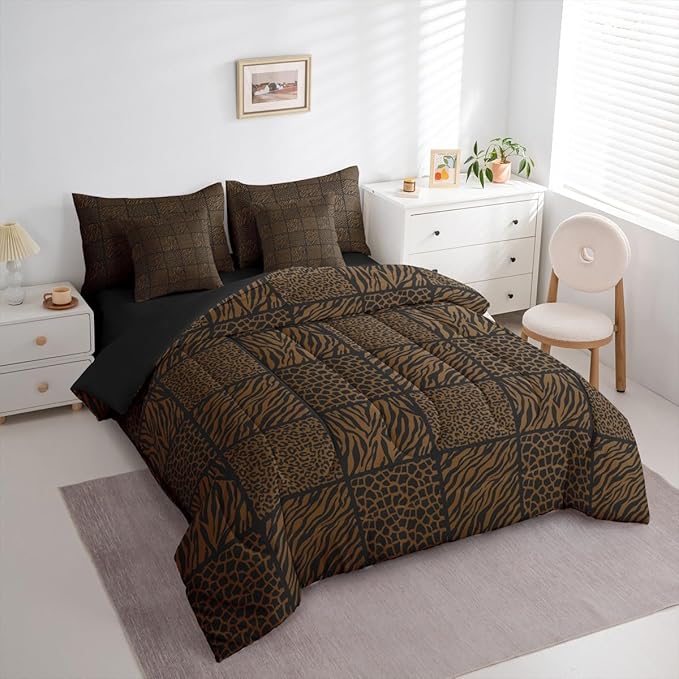 Safari Animals Fur Print Comforter Sets Full 7 Pcs,Wildlife Zebra Skin Kids Bedding Set,Jungle Animal Brown Duvet Set with Comforter,Flat Sheet,Fitted Sheet,Pillowcases and Pillow Covers,Reversible