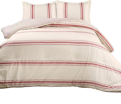 Lush Decor Farmhouse Stripe Reversible Cotton Comforter Set, 3 Piece Set, King, Red - Cozy Farmhouse Bedding Set - Rustic Decor - Striped Comforter - Modern Farmhouse Bedroom Decor