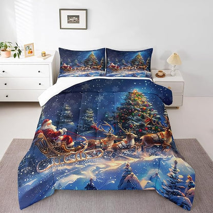 Santa Clause Elk Sleigh Comforter Set Queen Size,Christmas Tree Bedding Set for Kids Girls Boys Teens Room Decor,Winter Snow Night Quilt Set Vintage Art Painting Duvet Insert,2 Pillowcases