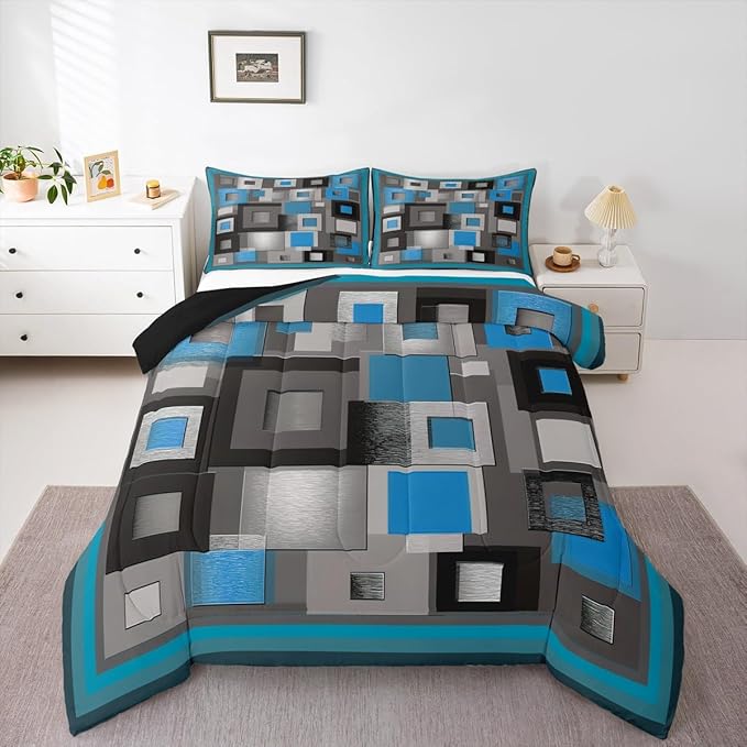 Castle Fairy Modern Comforter Set Queen Size,Blue White Gray Square Bedding Set for Kids Boys Girls Bedroom Decoration,Abstract Grid Art Bed Duvet Insert,Geometric Comforter with 2 Pillowcase
