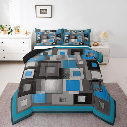 Grid Square King Size Comforter Set,Kids Blue White and Gray Decor All Season Bedding Set,Teens Abstract Geometric Comforter,Girls Modern Simple Decor Quilt Set Bedroom Collection 3Pcs