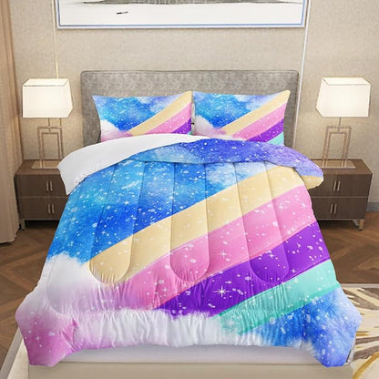 3 Piece Rainbow Queen Size Comforter Set for Teen Girls Adults,Stars Soft Bedding Sets All Season,Blue Space Quilt Set Season Alternative Down Bedding with 2 Pillowcase,91x91 Inches