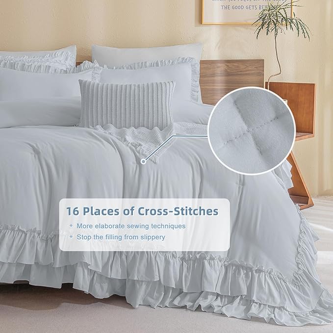 Masaca Ruffle Comforter Full Size,3 Pieces Farmhouse Shabby Boho Chic Full Bedding Set,Vintage Ruffled Rustic Light Blue Bedding Comforter Set for All Season