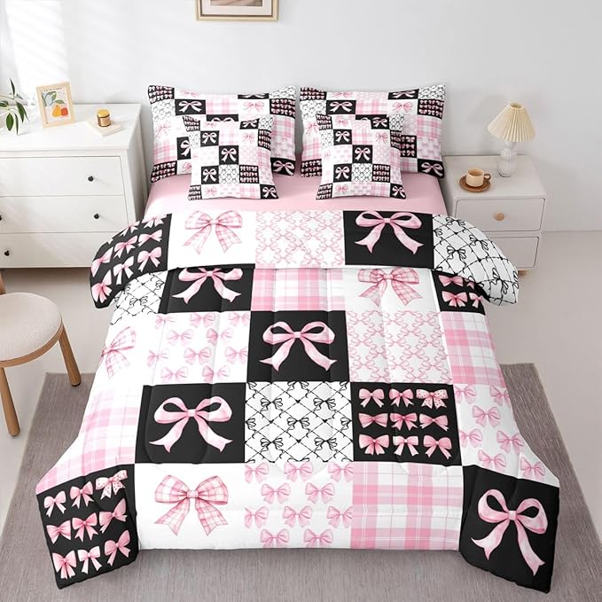 Feelyou Black Pink Bow Comforter Set with Sheets 7 Piece Twin Size Princess Bow Bedding Set for Kids Boys Girls Cute Bowknot Bed in a Bag Kawaii Room Decor Soft Lightweight Microfiber