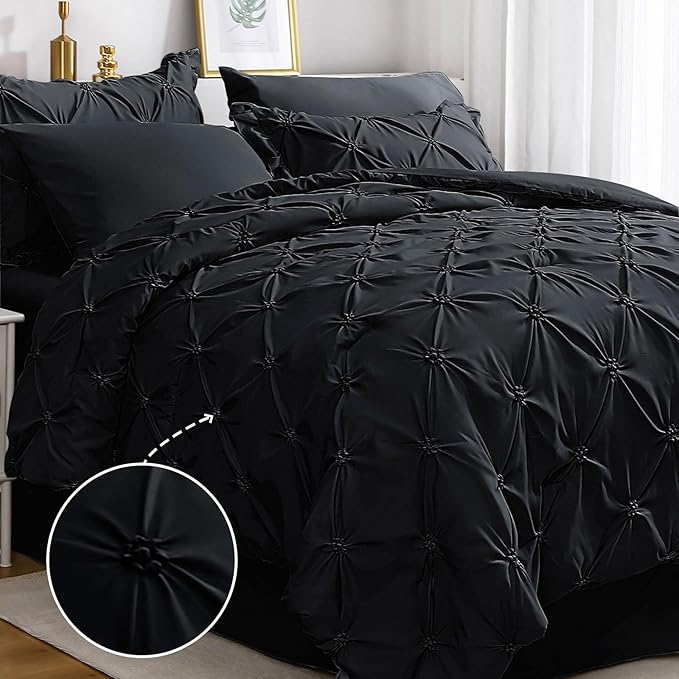 JOLLYVOGUE King Size Comforter Set 7 Pieces, Black Bed in a Bag Comforter Set for Bedroom, Beddding Sets with Comforter, Sheets,Ruffled Shams & Pillowcases