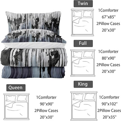 Black Grey White Gradient Print Comforter Set King Size,Abstract Art Bedding Set,Patchwork Printed Quilted Set for Teens Adult,with 1 Comforter and 2 Pillow Case