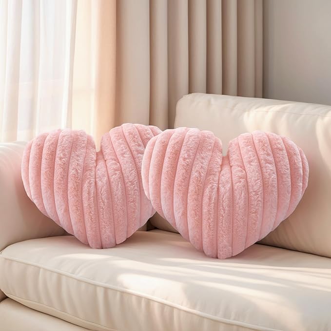16 Inch Heart Pillow Cute Soft Decorative Throw Pillows, Heart Shaped Fluffy Faux Fur Pillows Cushions for Couch Sofa Bed Bedroom Room Home Decor Aesthetic (2, Pink, Medium-16 x13)
