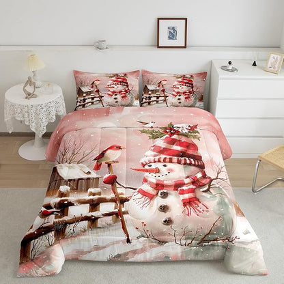 Pink Snowman Bedding Set Full Size,Cute Bird and Snowflake Cabin Comforter Set 3Pcs for Kids Girls Boys Teens Room Decor,Merry Christmas Quilt Set Romantic Winter Duvet Insert,2 Pillowcases