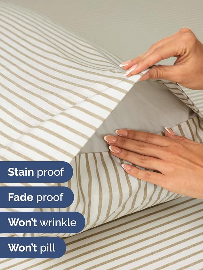 Extra Deep Twin XL Sheet Set - 4 Piece Breathable and Cooling Sheets - Hotel Luxury Bedding for Women, Men, Kids & Teens - Easy Secure Fit - Soft & Wrinkle Free - Extra Deep Pockets - Beige Stripes