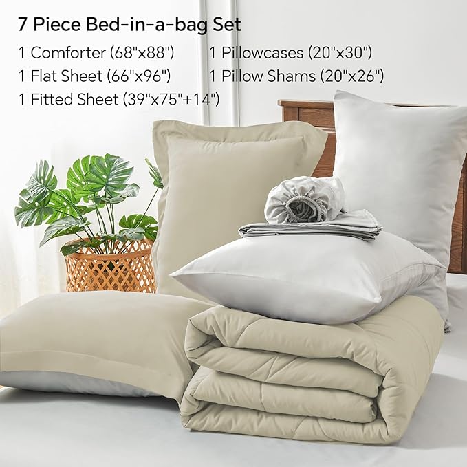 BEDELITE Twin Comforter Set 5 Pieces Bed in A Bag - Soft Microfiber Reversible Oatmeal Bed Set with Comforters, Sheets, Pillowcase & Sham, Cozy Luxury Bedding Sets for All Season