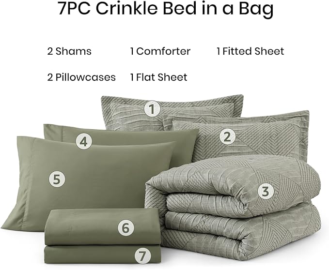 MaiRêve Queen Comforter Set Crinkle Textured, Light Olive Green Diamond Boho Bedding Set 7 Pieces Bed in A Bag, All Season Geometric Comforter Set with Sheets, Pillowcases & Shams