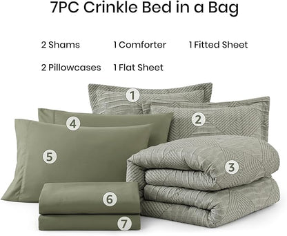 MaiRêve King Comforter Set Crinkle Textured, Light Olive Green Diamond Boho Bedding Set 7 Pieces Bed in A Bag, All Season Geometric Comforter Set with Sheets, Pillowcases & Shams
