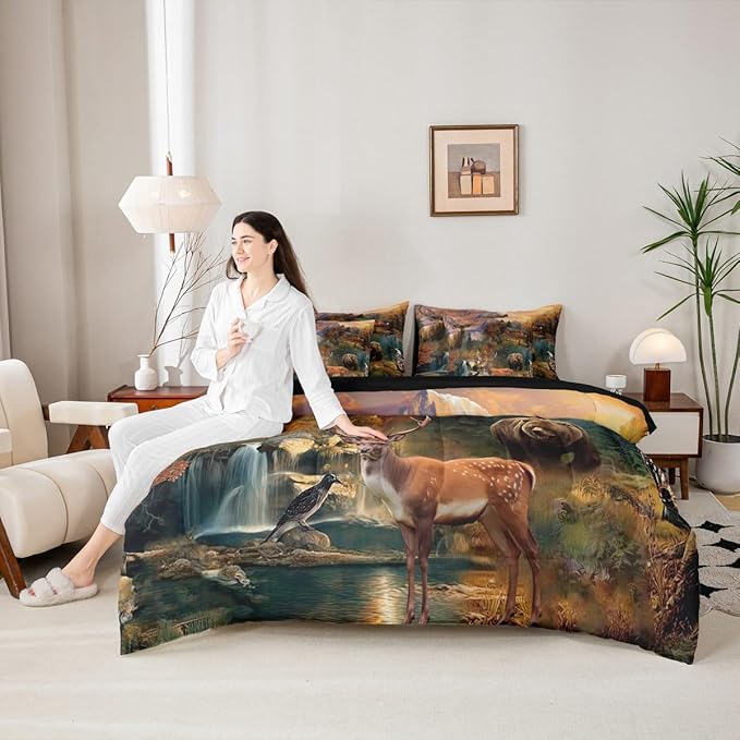 Erosebridal 7 Pieces Deer Bear Hunting Comforter Set Rustic Cabin Lodge Bedding Set Twin Size for Kids Teens Adults Country Farmhouse Woodland Animal Quilt Sets Antler Moose Bear Bed in A Bag