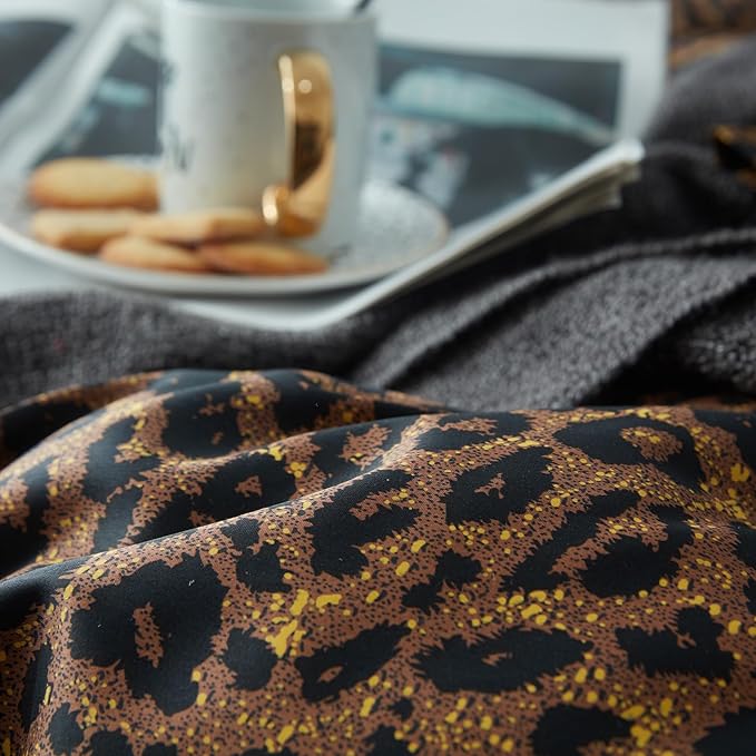 mixinni Leopard Print Comforter Set Twin XL-3 Pieces Animal Cheetah Printed Comforter Sexy Soft Fluffy Brown/Black Floral Print Bedding Set with 2 Pillowcases for All Season-Twin XL Size
