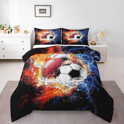 Feelyou Sports Comforter Set for Boys Comforter Set Toddler Size Football Baseball Bedding Set for Kids Ultra Soft Ball Games Bedroom Decor with 3D Soccer, Basketball Design