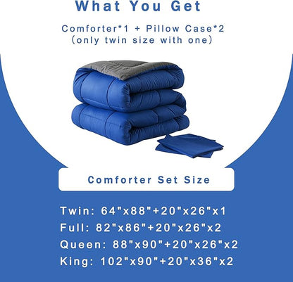 DOWNCOOL Queen Comforter Set -All Season Bedding Comforters Sets with 2 Pillow Cases-3 Pieces Bedding Sets Queen -Down Alternative Blue/Grey Queen Size Comforter Sets(88"x92")