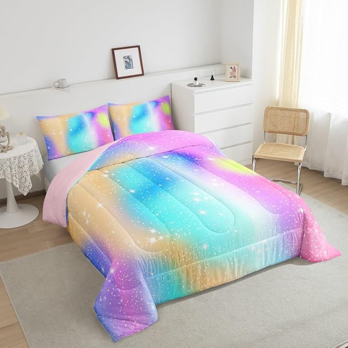 Feelyou Glitter Galaxy Bedding Set Soft for Boys Girls, Cute Rainbow Comforter Set Queen Size Tie Dye Ombre Duvet Quilt Microfiber Lovely Kids Rainbows Bedroom Decor 3 Pcs with 2 Pillow Cases