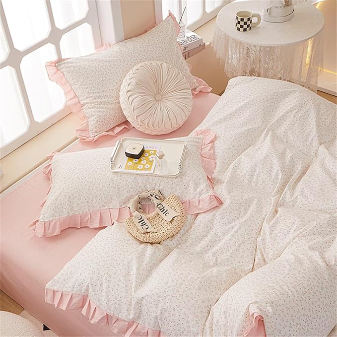 MKXI Queen Size Small Floral Ruffle Comforter Set - 3 Piece Countryside Floral Comforter with Pillow Shams, Reversible White Pink Princess Bedroom Collection, Soft Aesthetic Bedding Set for Teen Girls