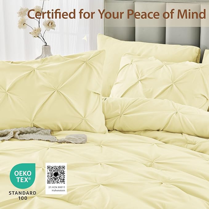 Sasttie Queen Comforter Set, 7-Piece Bed in a Bag, Pintuck Bedding Sets for All Season, Includes Comforter, Flat Sheet, Fitted Sheet, Pillowcases and Pillowshams, Cream Yellow